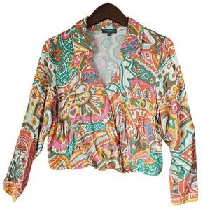 HAUTE HIPPIE Orange Multi Crop‎ Blouse Surplice Collared V Neck Long Sleeves M